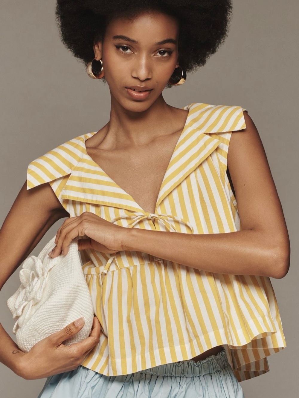Anthropologie NWOT  Yellow and White Striped Tie-Front Crop Top size M.